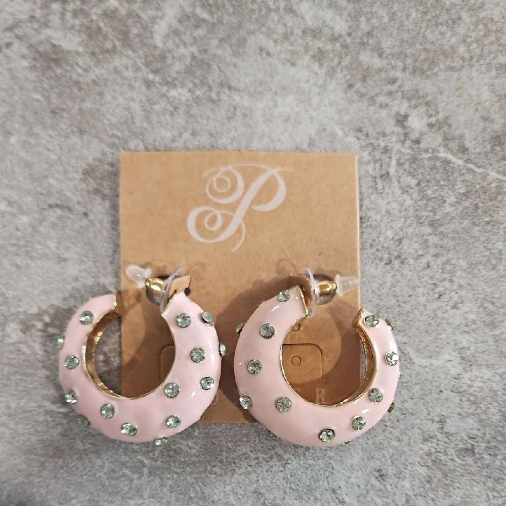 Pink and Gold Hoop Earrings with Rhinestones
